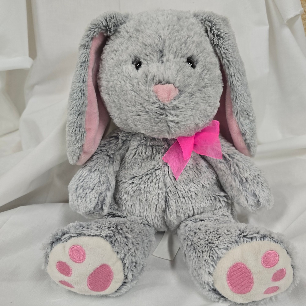Bunny Rabbit Plush HugFun Gray Stuffed Animal Pink Bow Pink Paw Pads 12‎ Inch
